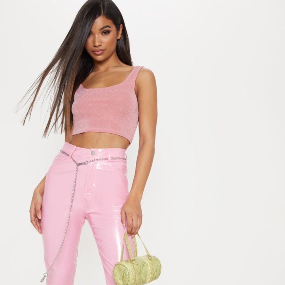 PrettyLittleThing Light Pink Textured Glitter Crop Top